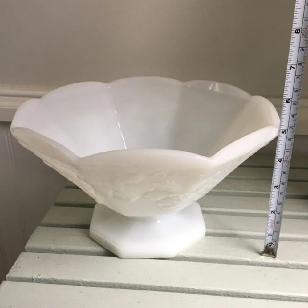 Vintage Footed Milk Glass Bowl with Grapevine Pattern